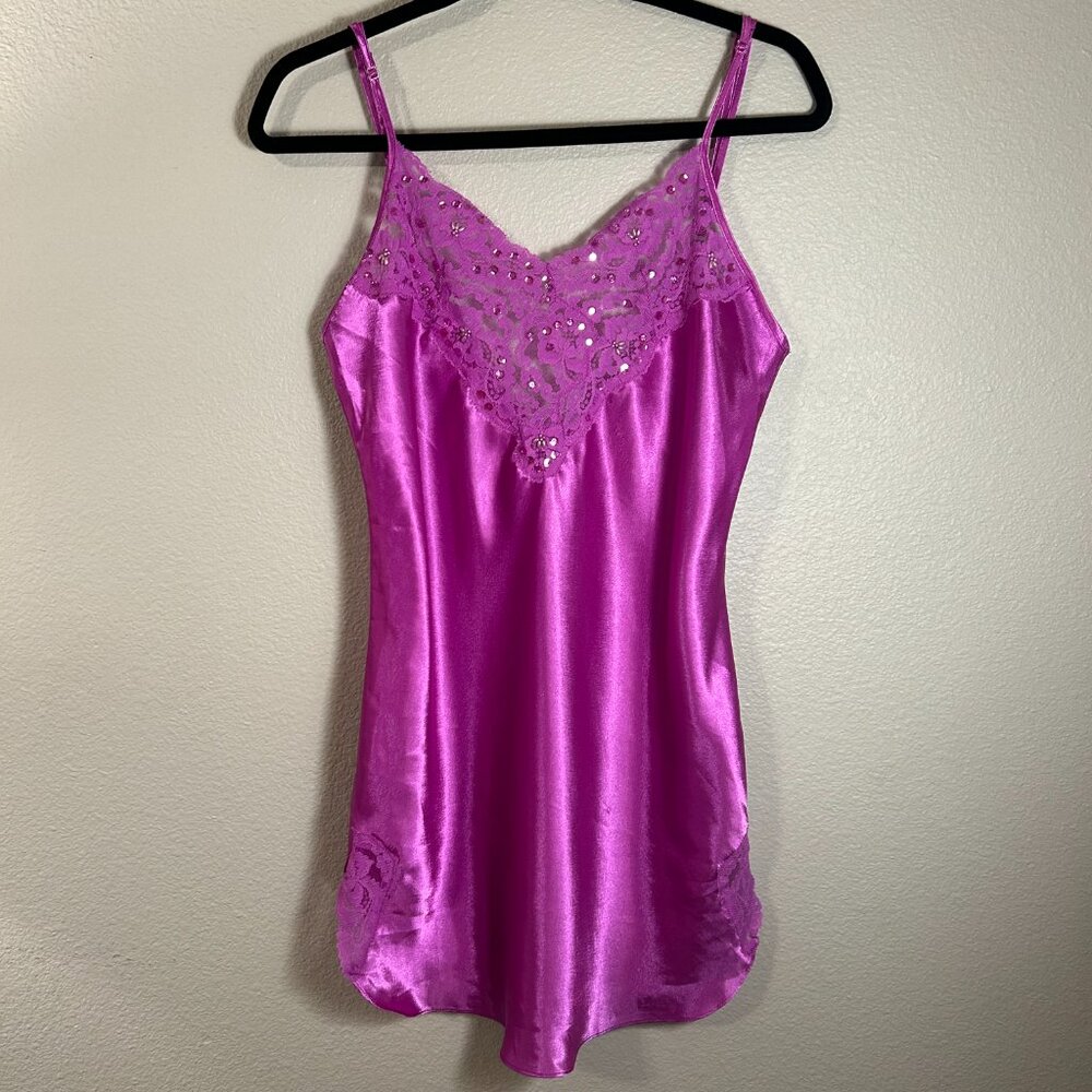 Y2K Delicates Womens Magenta Satin Lace Sequin Beaded Chemise Nightgown Size M
